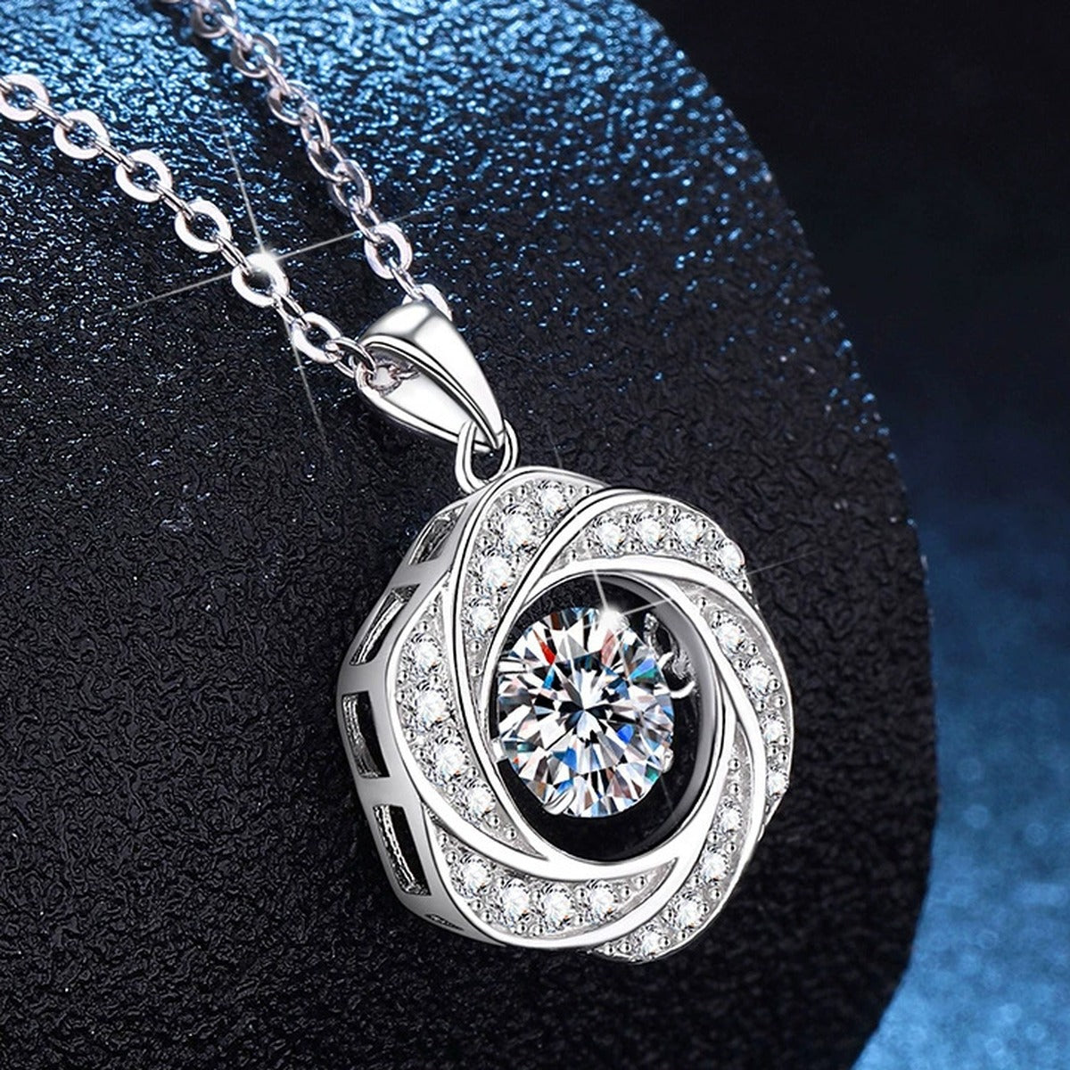 Round Cage Moissanite Pendant Necklace with Cubic Zirconia in Platinum-Plated S925 Sterling Silver dark background product display view