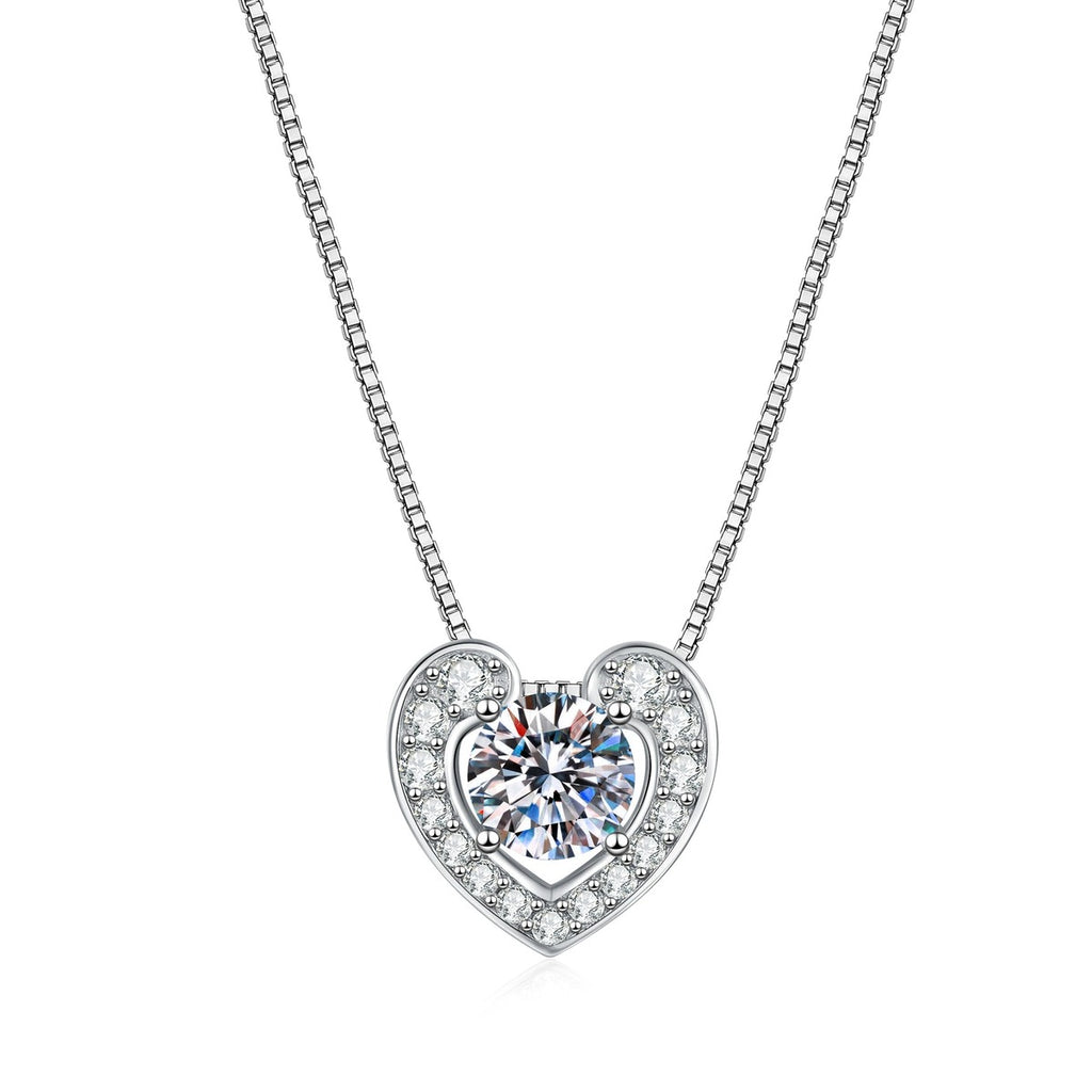 Heart Moissanite Pendant Necklace with Box Chain in Platinum-Plated S925 Sterling Silver on clean white background showing the heart pendant with a box chain and cubic zirconia frame