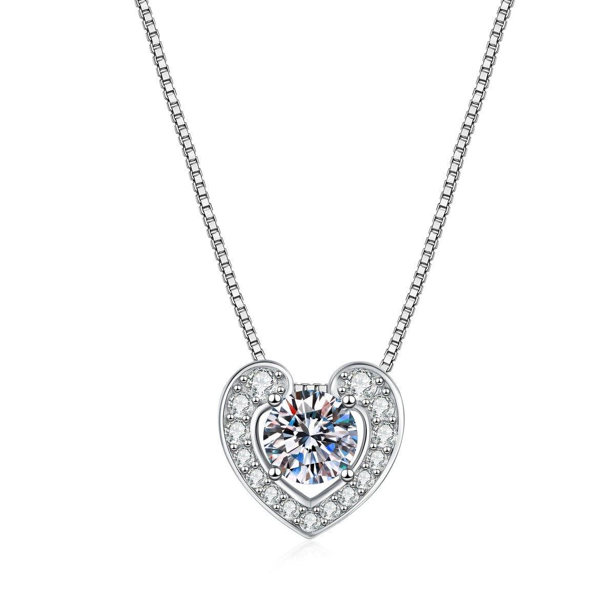 Heart Moissanite Pendant Necklace with Box Chain in Platinum-Plated S925 Sterling Silver on clean white background showing the heart pendant with a box chain and cubic zirconia frame