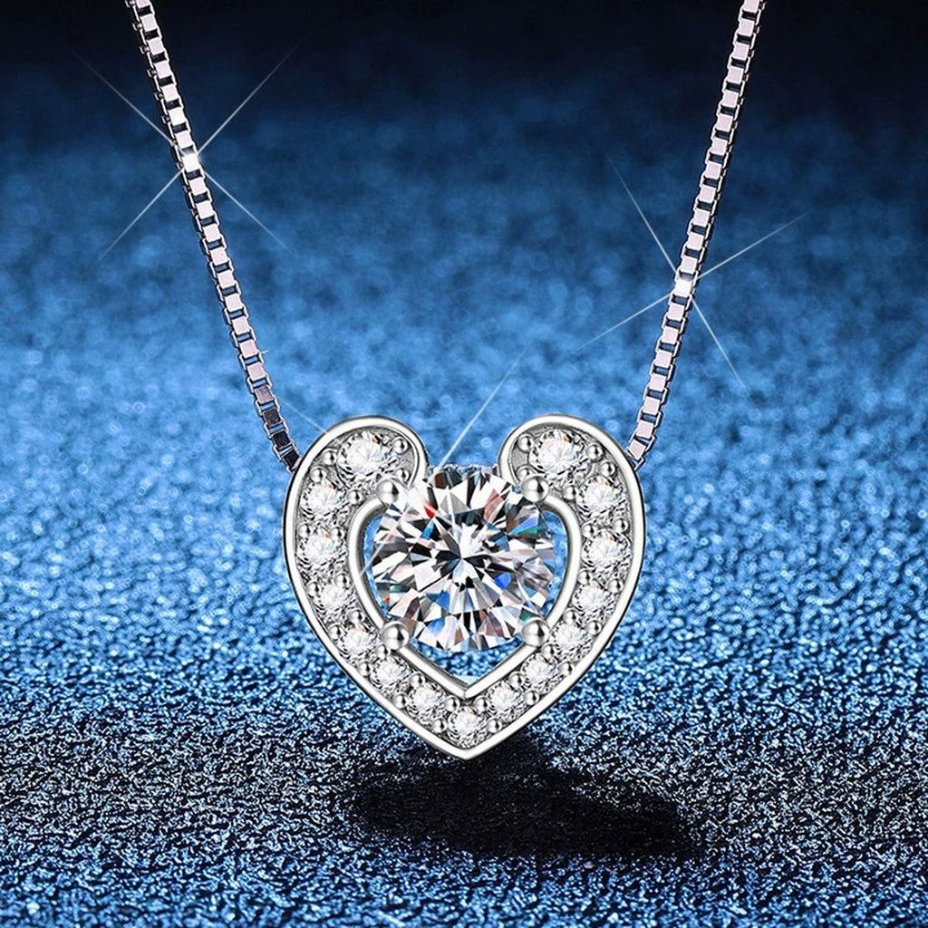 Heart Moissanite Pendant Necklace with Box Chain in Platinum-Plated S925 Sterling Silver blue background product view