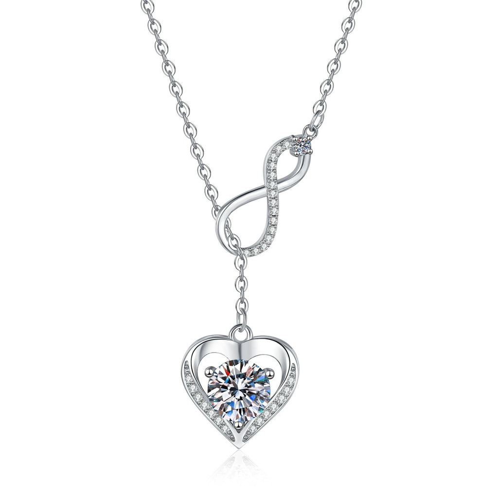Infinity Heart Moissanite Pendant Necklace with Cubic Zirconia in Platinum-Plated S925 Sterling Silver on clean white background showing the infinity drop heart pendant with a moissanite center