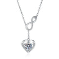 Infinity Heart Moissanite Pendant Necklace with Cubic Zirconia in Platinum-Plated S925 Sterling Silver on clean white background showing the infinity drop heart pendant with a moissanite center