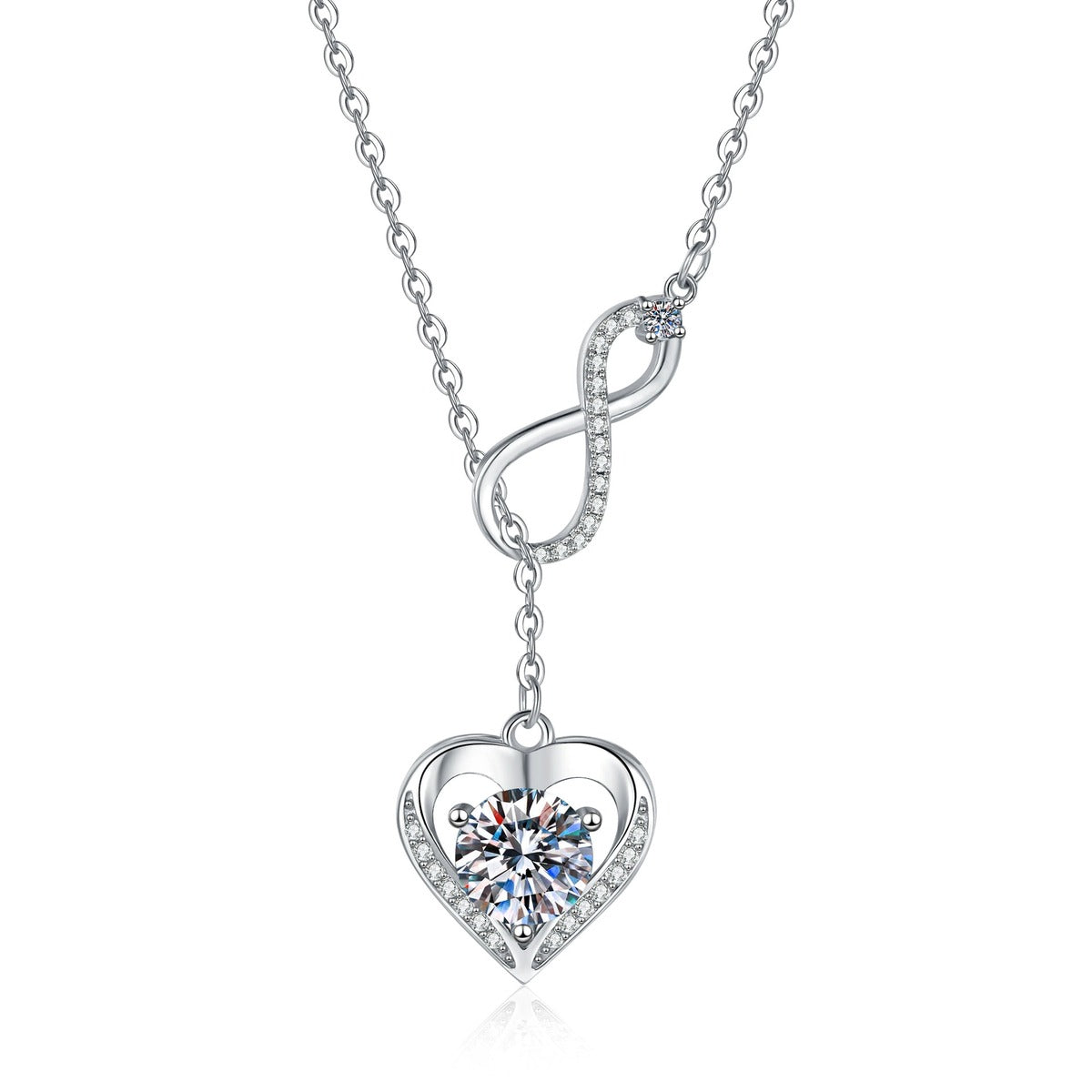 Infinity Heart Moissanite Pendant Necklace with Cubic Zirconia in Platinum-Plated S925 Sterling Silver on clean white background showing the infinity drop heart pendant with a moissanite center