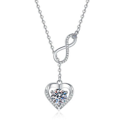 Infinity Heart Moissanite Pendant Necklace with Cubic Zirconia in Platinum-Plated S925 Sterling Silver on clean white background showing the infinity drop heart pendant with a moissanite center