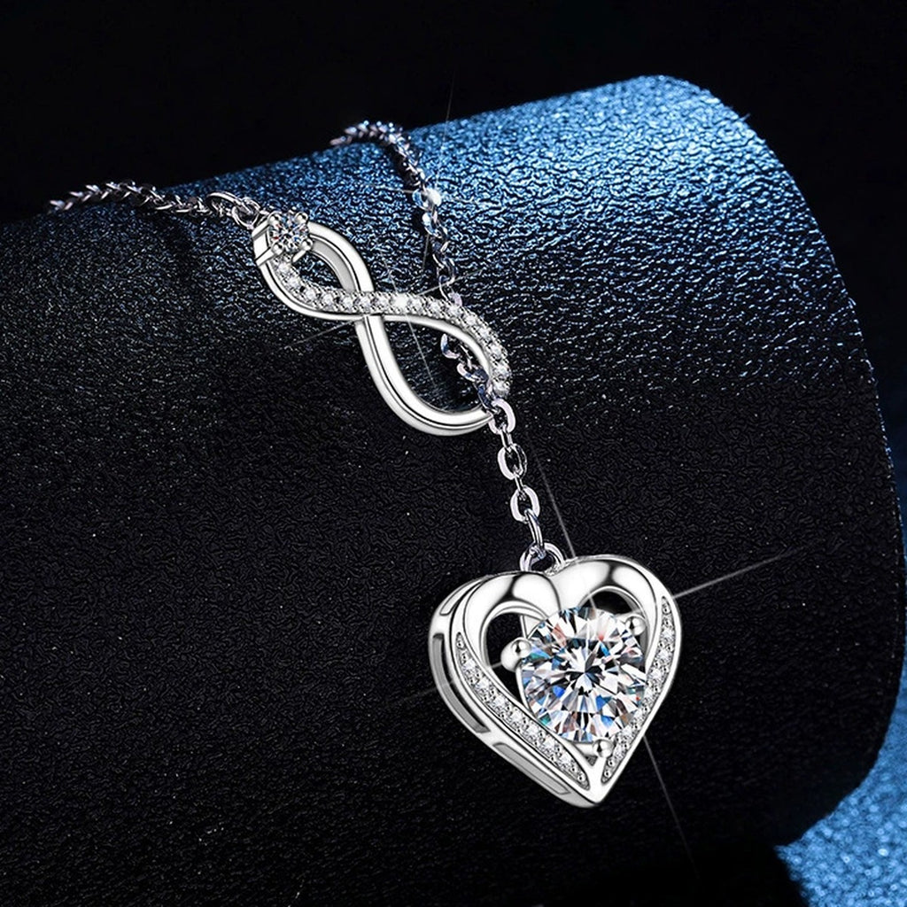 Infinity Heart Moissanite Pendant Necklace with Cubic Zirconia in Platinum-Plated S925 Sterling Silver dark background product display view