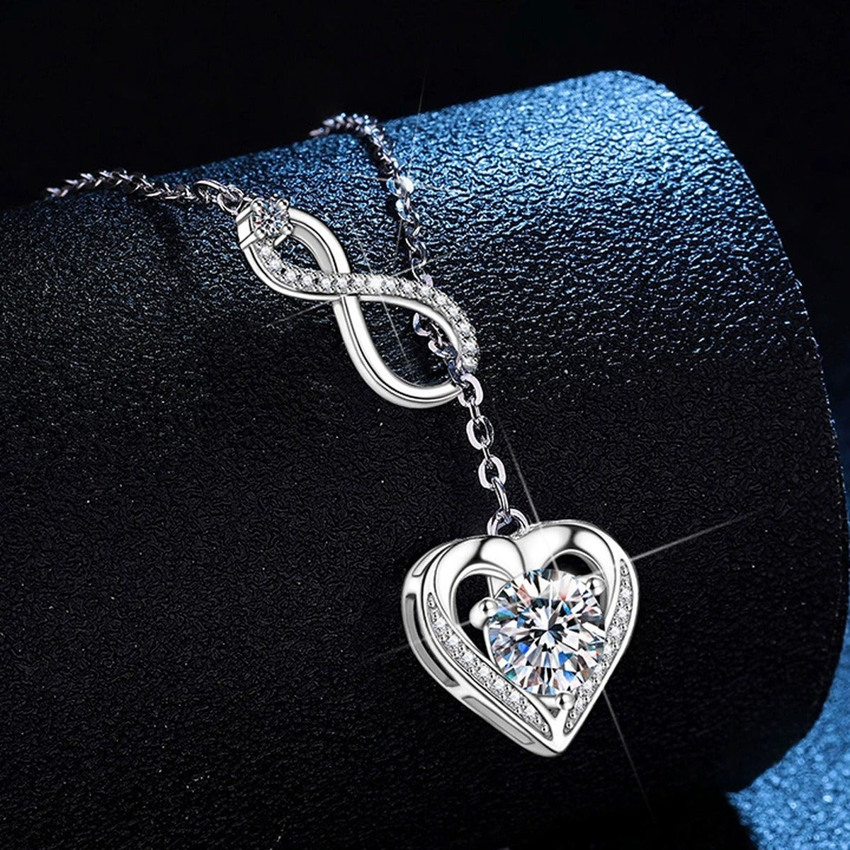Infinity Heart Moissanite Pendant Necklace with Cubic Zirconia in Platinum-Plated S925 Sterling Silver dark background product display view