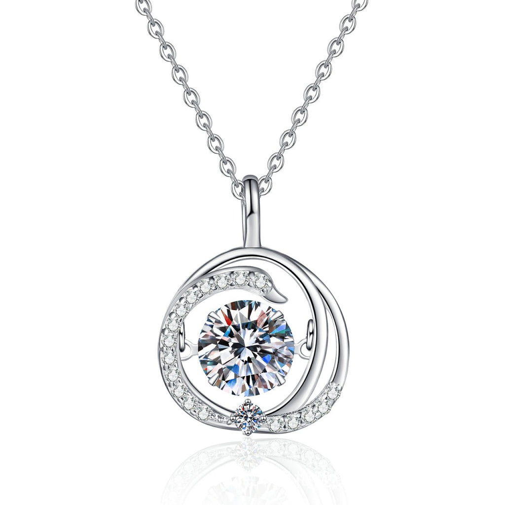 Round Swirl Moissanite Pendant Necklace with Cubic Zirconia in Platinum-Plated S925 Sterling Silver on clean white background showing the round swirl pendant wrapped around a moissanite center