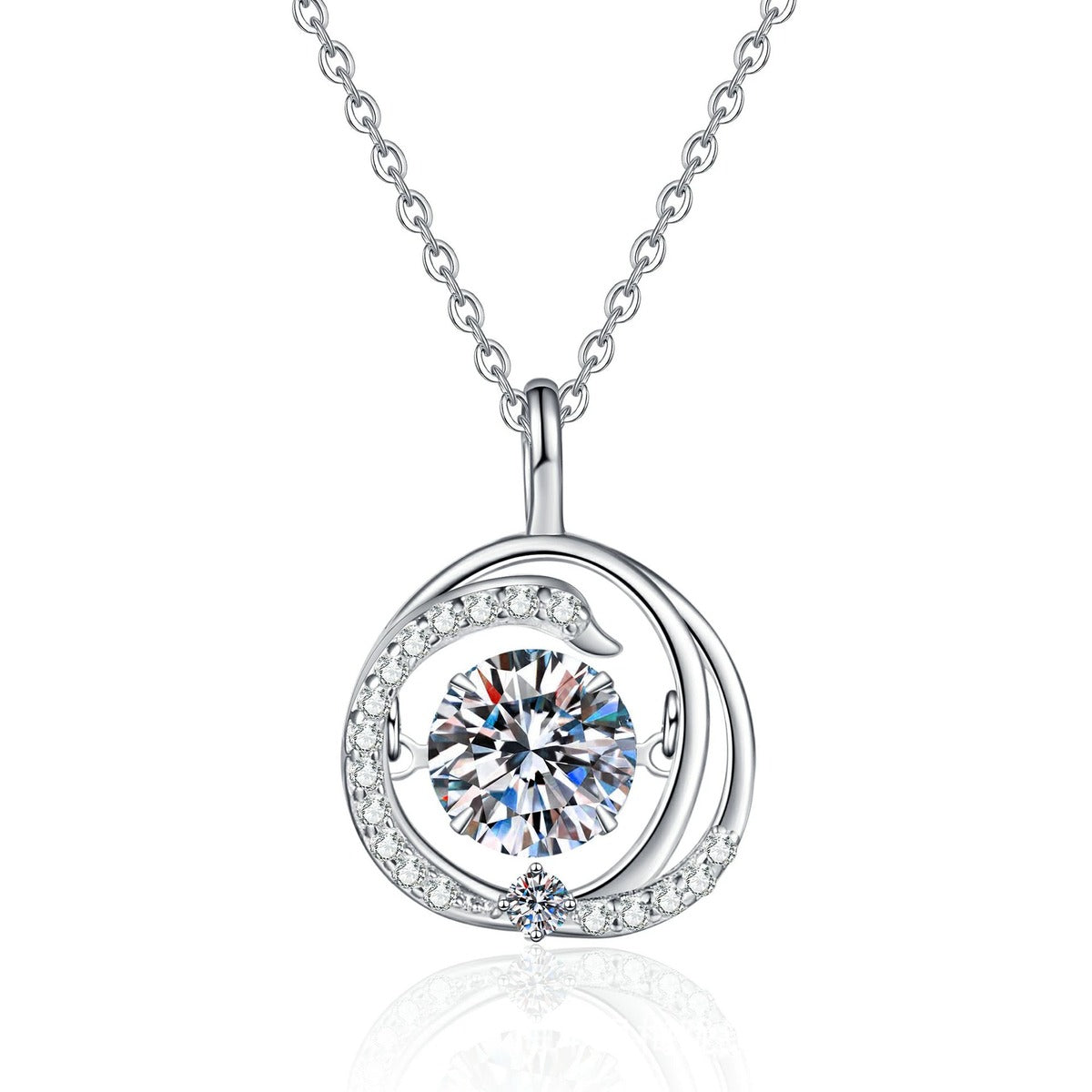 Round Swirl Moissanite Pendant Necklace with Cubic Zirconia in Platinum-Plated S925 Sterling Silver on clean white background showing the round swirl pendant wrapped around a moissanite center