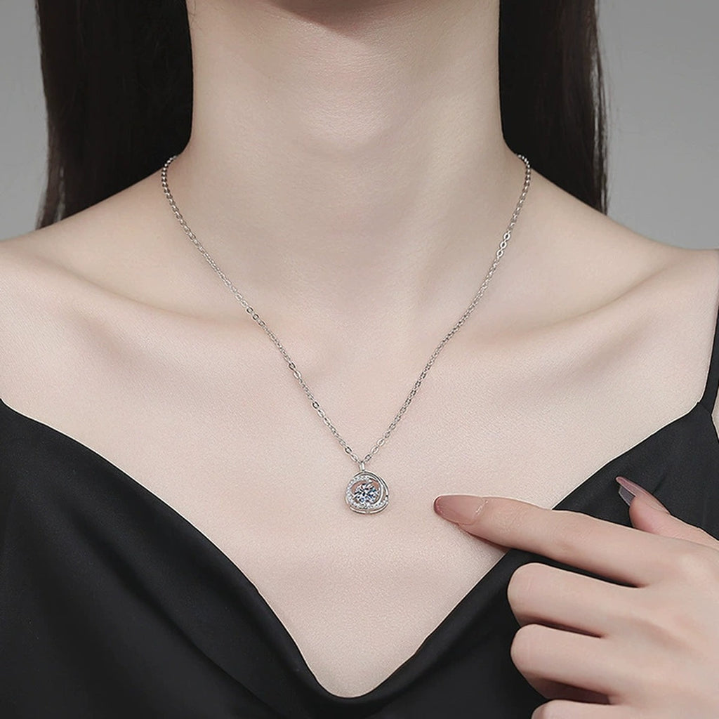 Round Swirl Moissanite Pendant Necklace with Cubic Zirconia in Platinum-Plated S925 Sterling Silver worn on neckline by model