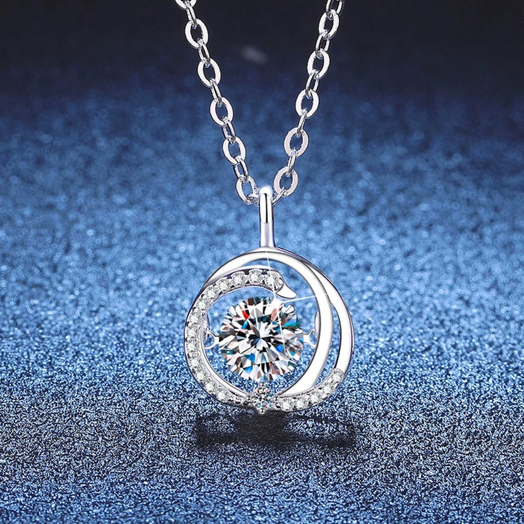 Round Swirl Moissanite Pendant Necklace with Cubic Zirconia in Platinum-Plated S925 Sterling Silver blue background product view