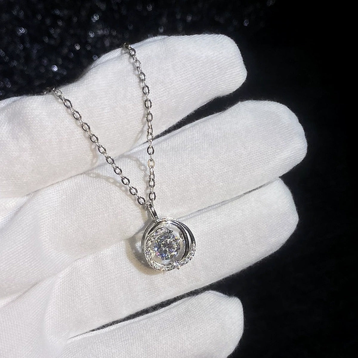 Round Swirl Moissanite Pendant Necklace with Cubic Zirconia in Platinum-Plated S925 Sterling Silver dark background product display view