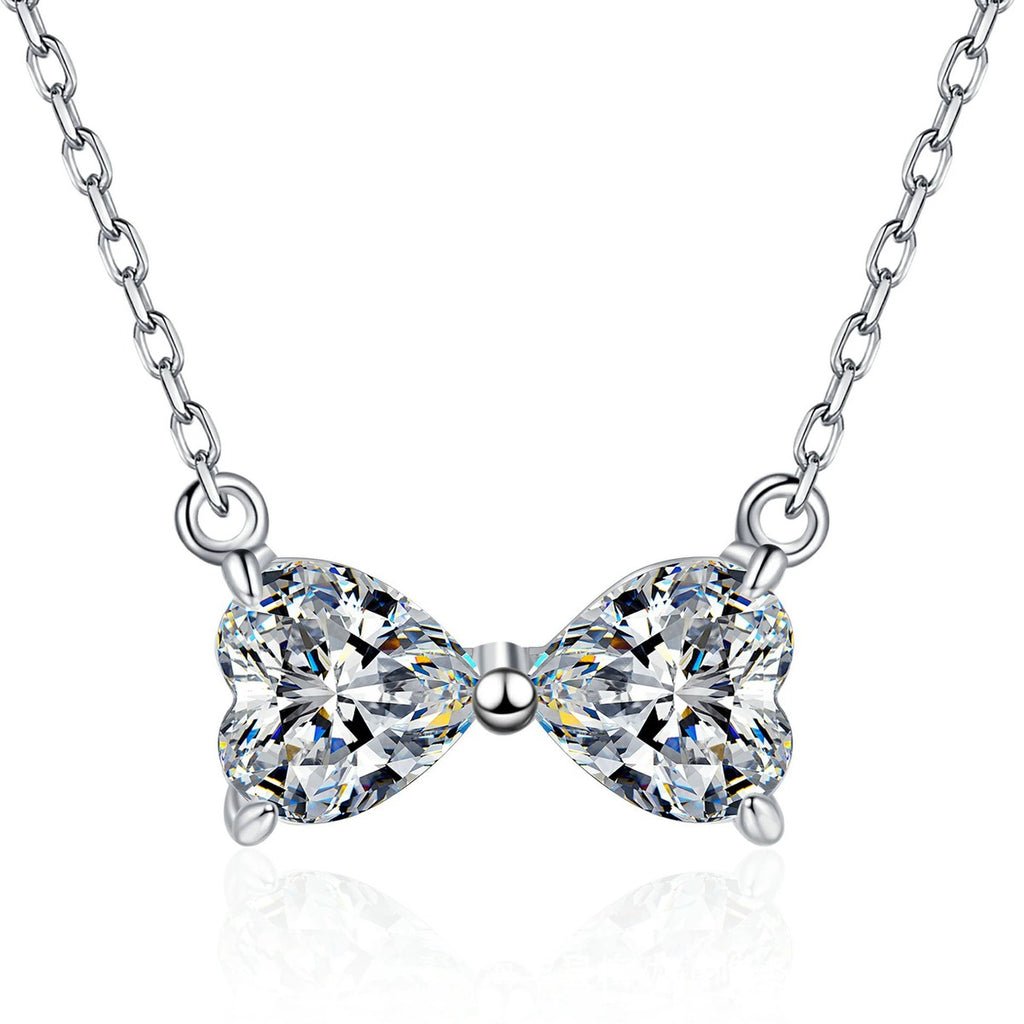 Bow Moissanite Necklace in Platinum-Plated S925 Sterling Silver on clean white background showing the bow-shaped necklace formed by two moissanite stones