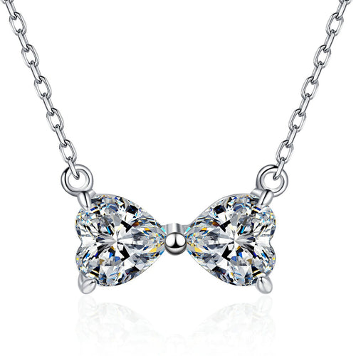 Bow Moissanite Necklace in Platinum-Plated S925 Sterling Silver on clean white background showing the bow-shaped necklace formed by two moissanite stones
