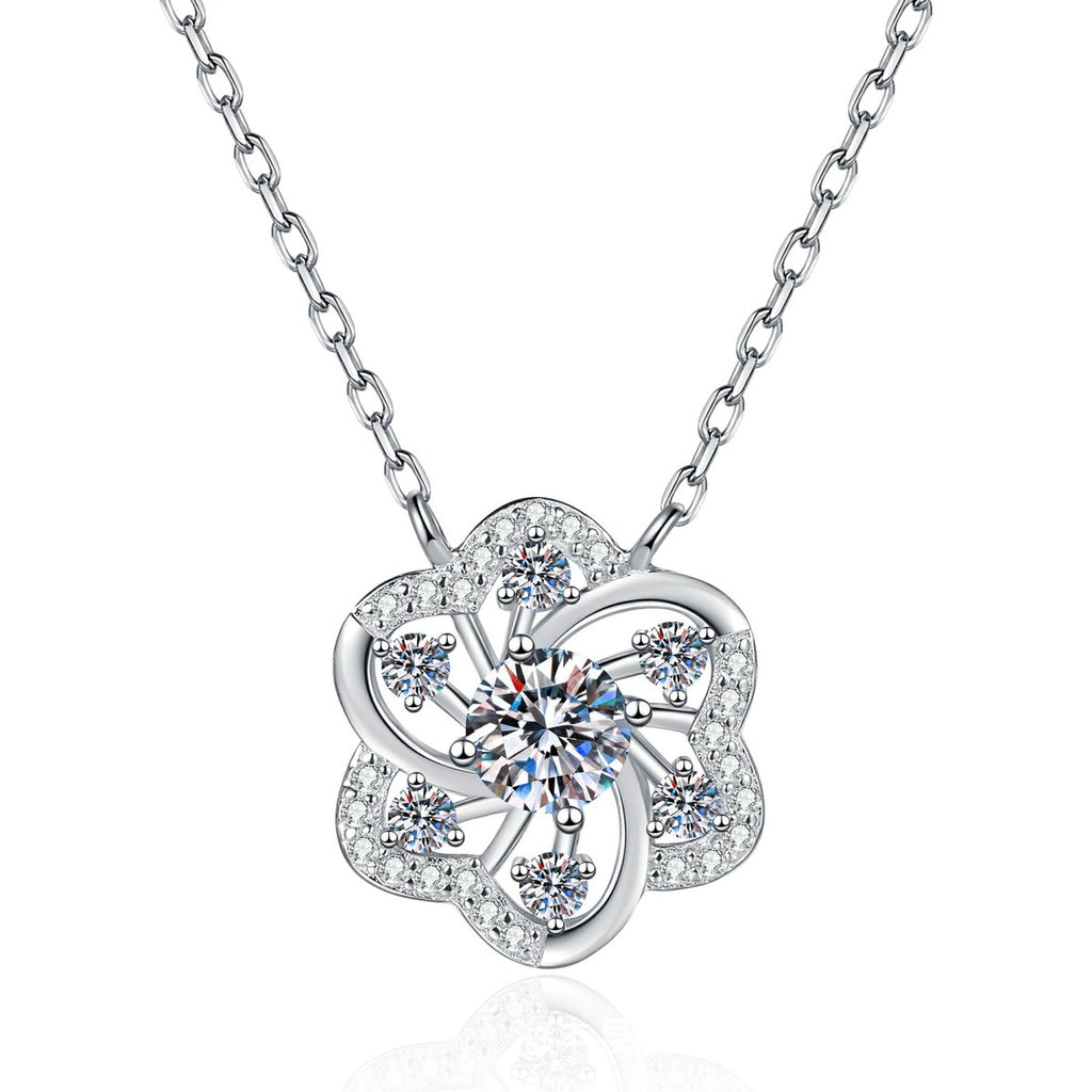 Clover Moissanite Pendant Necklace with Cubic Zirconia in Platinum-Plated S925 Sterling Silver on clean white background showing the four-petal clover pendant with a round moissanite center