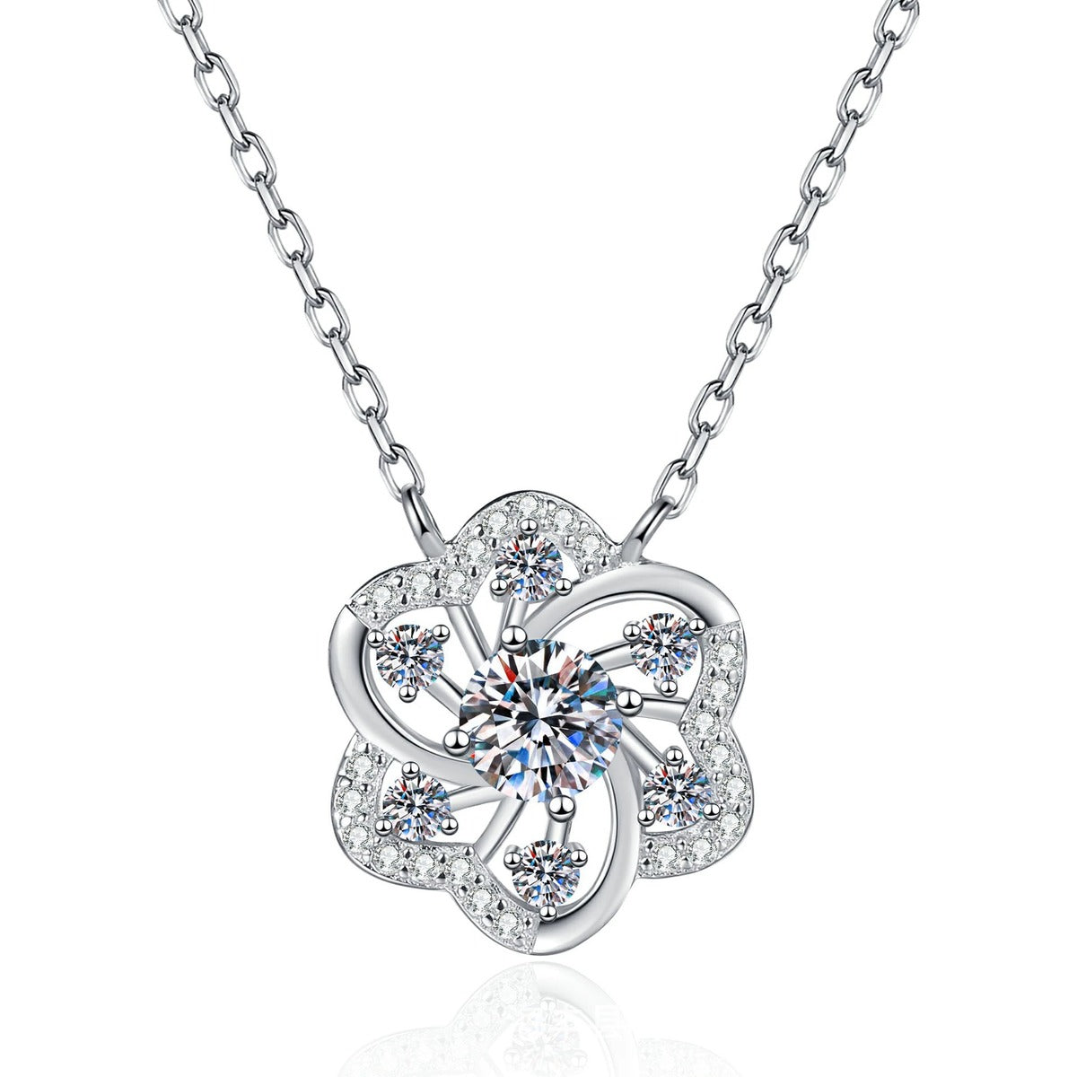 Clover Moissanite Pendant Necklace with Cubic Zirconia in Platinum-Plated S925 Sterling Silver on clean white background showing the four-petal clover pendant with a round moissanite center