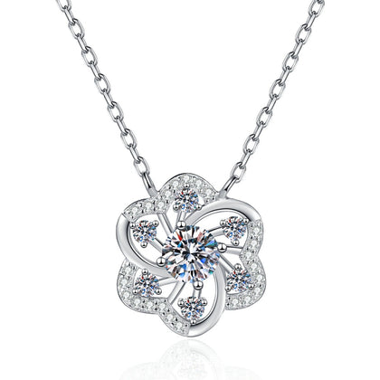 Clover Moissanite Pendant Necklace with Cubic Zirconia in Platinum-Plated S925 Sterling Silver on clean white background showing the four-petal clover pendant with a round moissanite center
