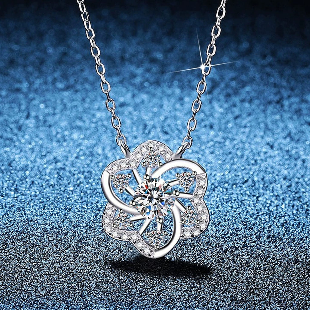 Clover Moissanite Pendant Necklace with Cubic Zirconia in Platinum-Plated S925 Sterling Silver blue background product view