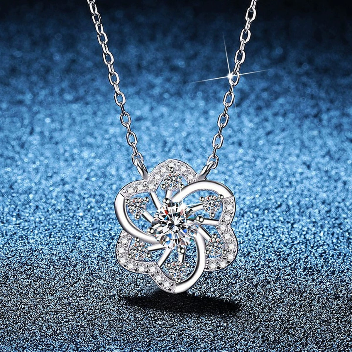 Clover Moissanite Pendant Necklace with Cubic Zirconia in Platinum-Plated S925 Sterling Silver blue background product view