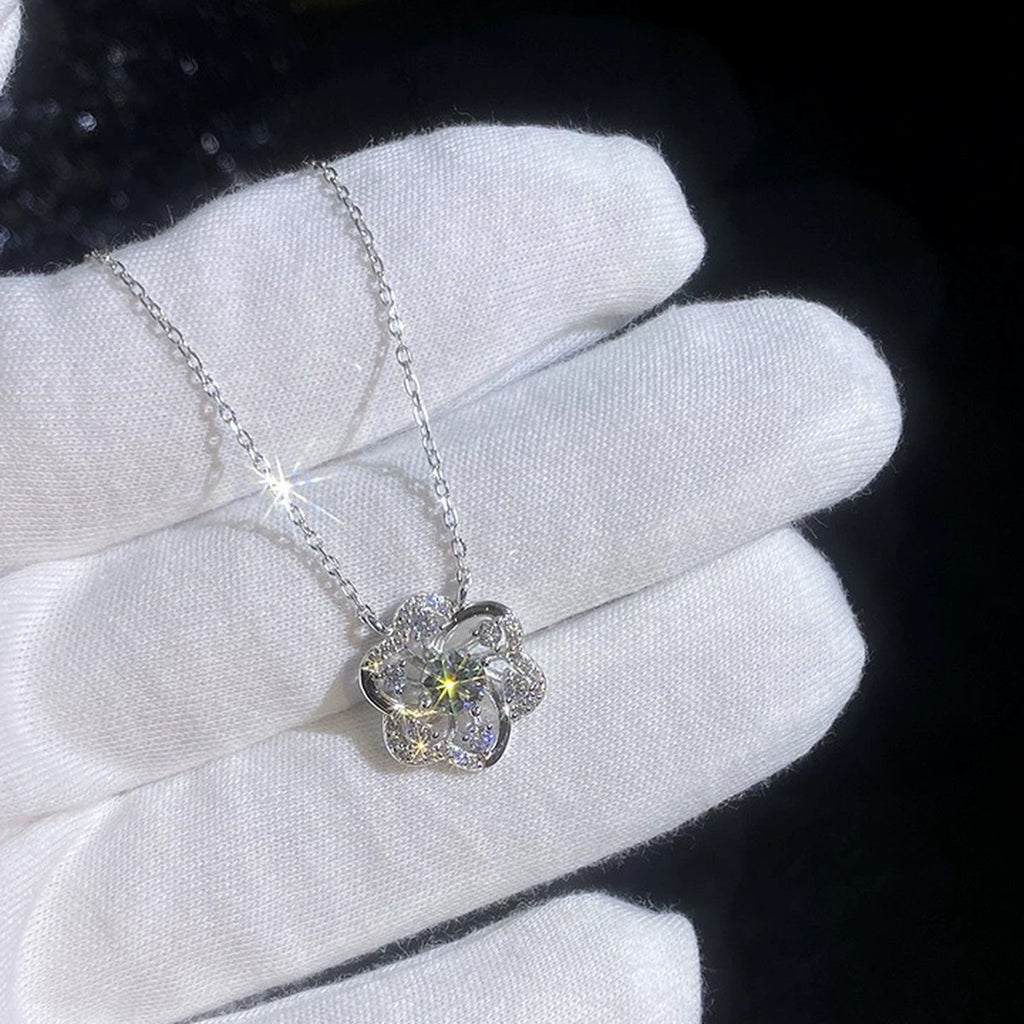 Clover Moissanite Pendant Necklace with Cubic Zirconia in Platinum-Plated S925 Sterling Silver dark background product display view
