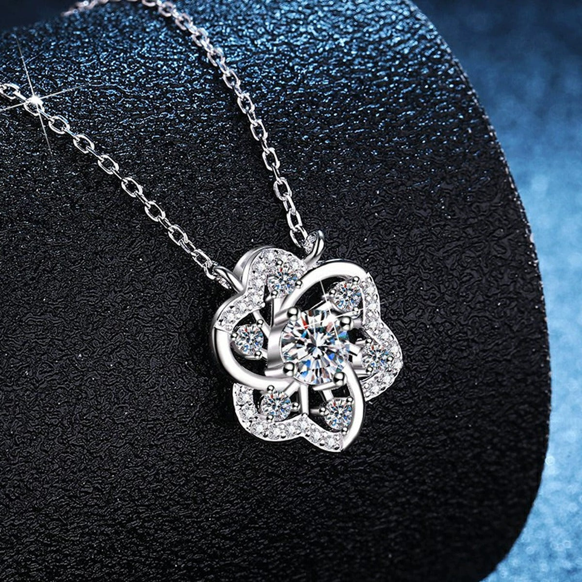 Clover Moissanite Pendant Necklace with Cubic Zirconia in Platinum-Plated S925 Sterling Silver dark background product display view