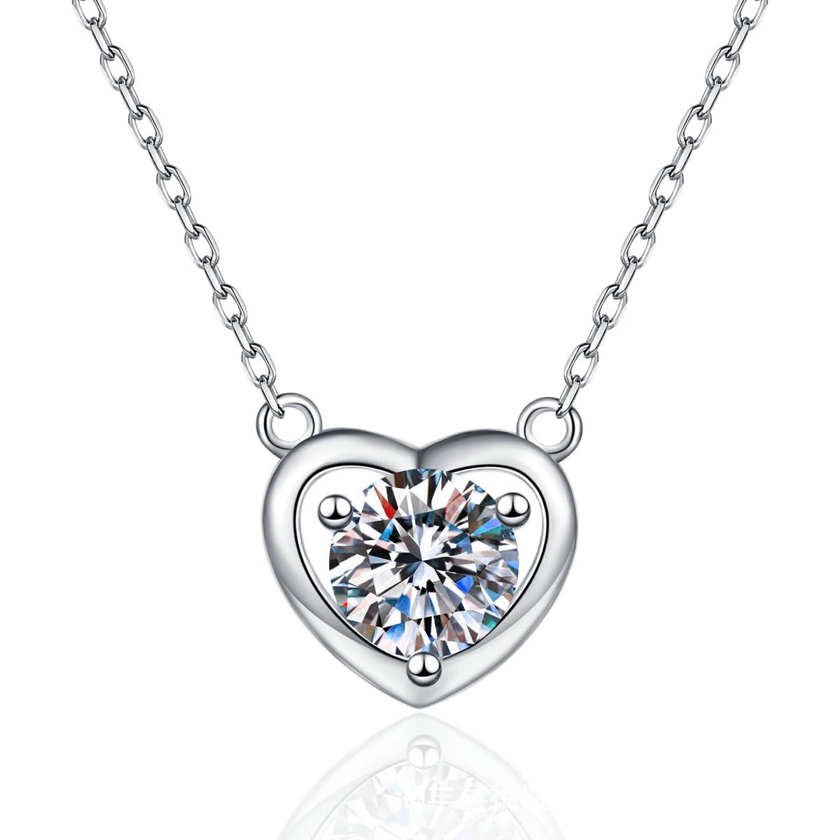 Heart Moissanite Pendant Necklace in Platinum-Plated S925 Sterling Silver on clean white background showing the smooth heart pendant holding a round moissanite center