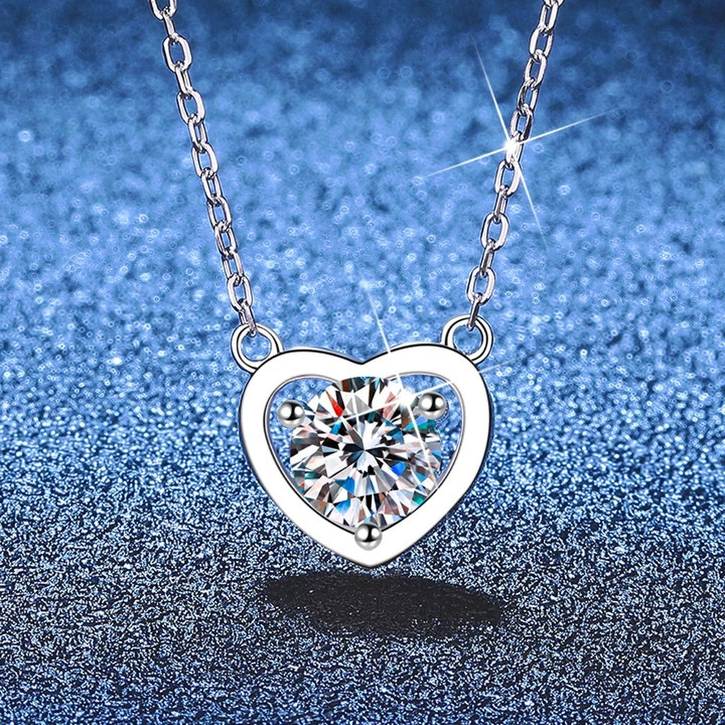 Heart Moissanite Pendant Necklace in Platinum-Plated S925 Sterling Silver blue background product view