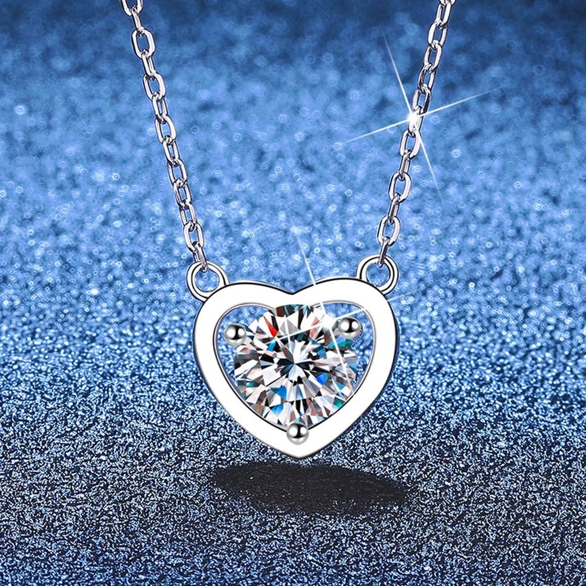 Heart Moissanite Pendant Necklace in Platinum-Plated S925 Sterling Silver blue background product view