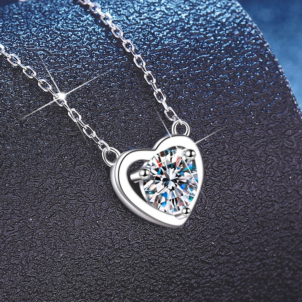 Heart Moissanite Pendant Necklace in Platinum-Plated S925 Sterling Silver close-up product detail view