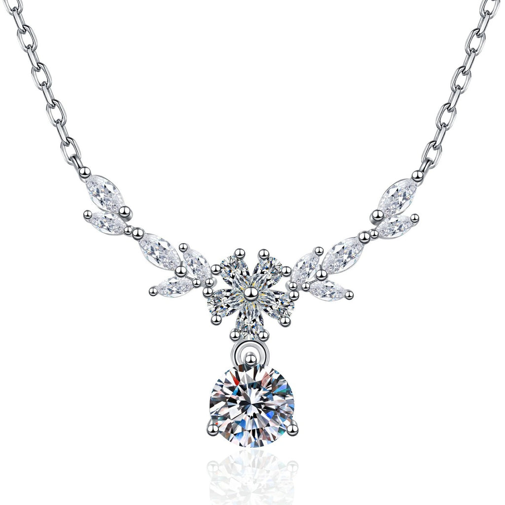 Leaf Drop Moissanite Pendant Necklace with Cubic Zirconia in Platinum-Plated S925 Sterling Silver on clean white background showing the leaf station necklace with a dangling round moissanite pendant