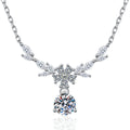 Leaf Drop Moissanite Pendant Necklace with Cubic Zirconia in Platinum-Plated S925 Sterling Silver on clean white background showing the leaf station necklace with a dangling round moissanite pendant