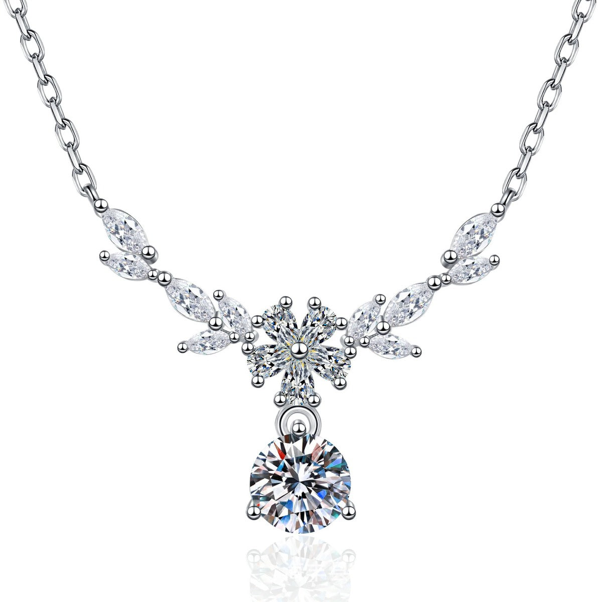 Leaf Drop Moissanite Pendant Necklace with Cubic Zirconia in Platinum-Plated S925 Sterling Silver on clean white background showing the leaf station necklace with a dangling round moissanite pendant