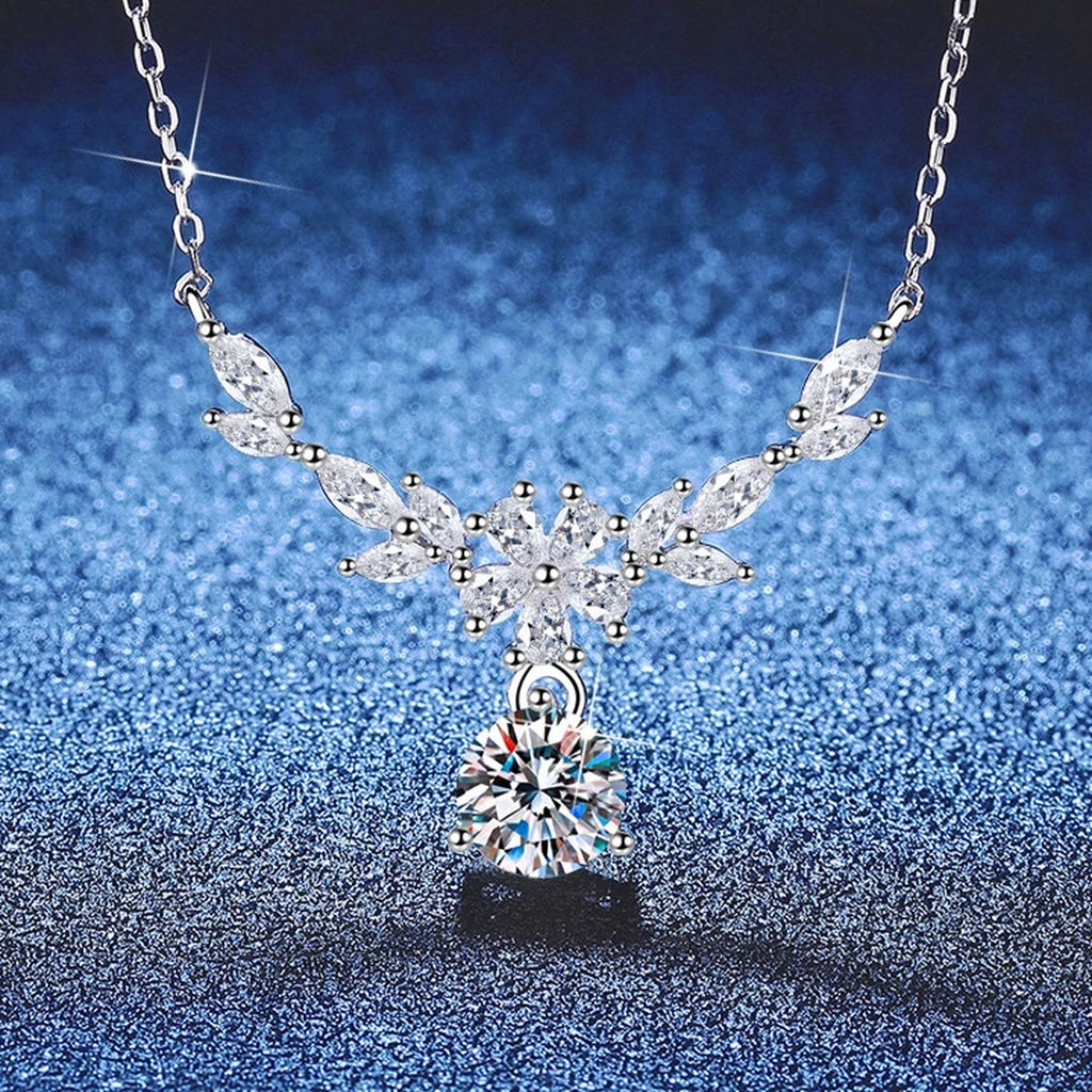 Leaf Drop Moissanite Pendant Necklace with Cubic Zirconia in Platinum-Plated S925 Sterling Silver blue background product view
