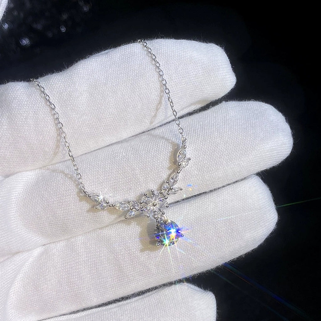 Leaf Drop Moissanite Pendant Necklace with Cubic Zirconia in Platinum-Plated S925 Sterling Silver dark background product display view