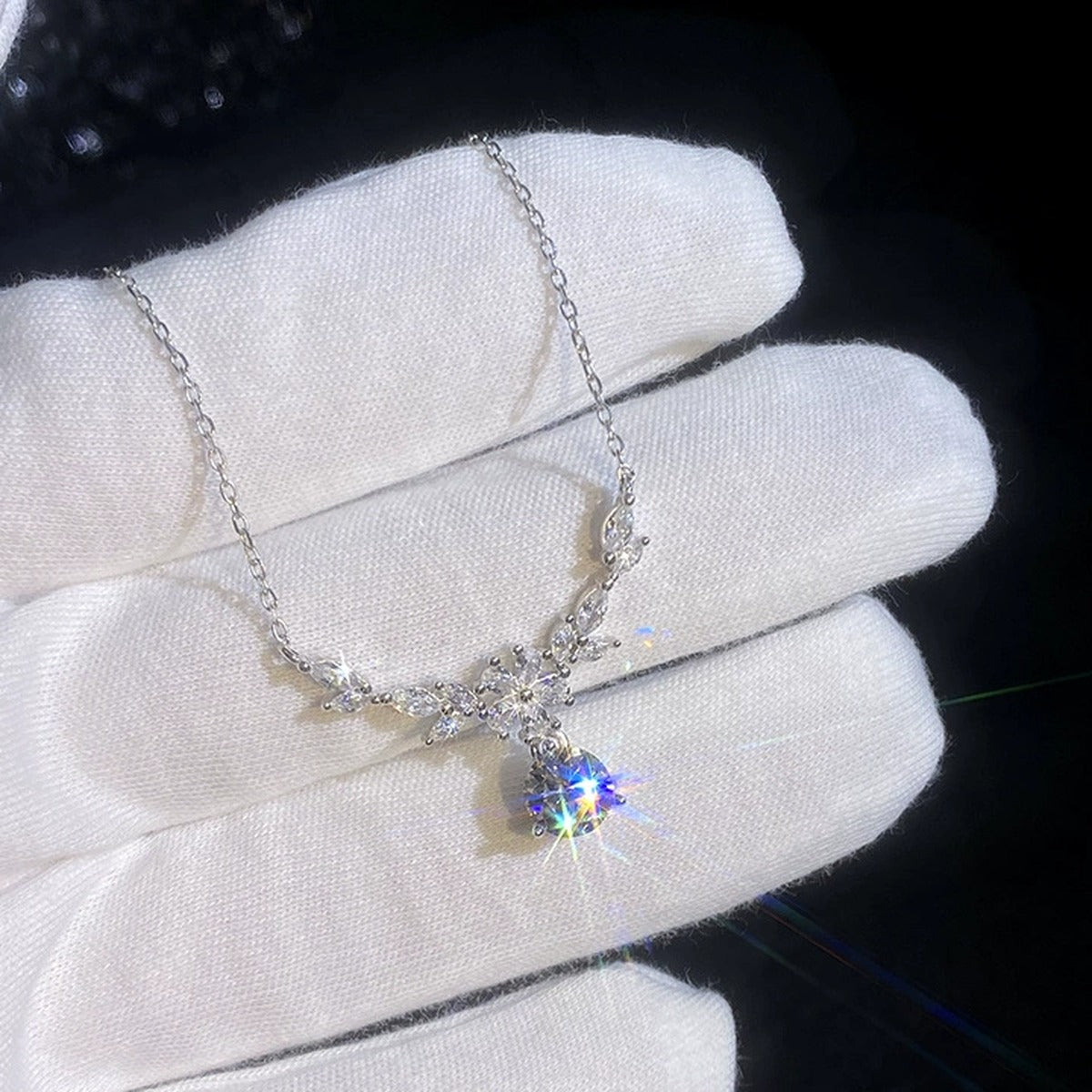 Leaf Drop Moissanite Pendant Necklace with Cubic Zirconia in Platinum-Plated S925 Sterling Silver dark background product display view