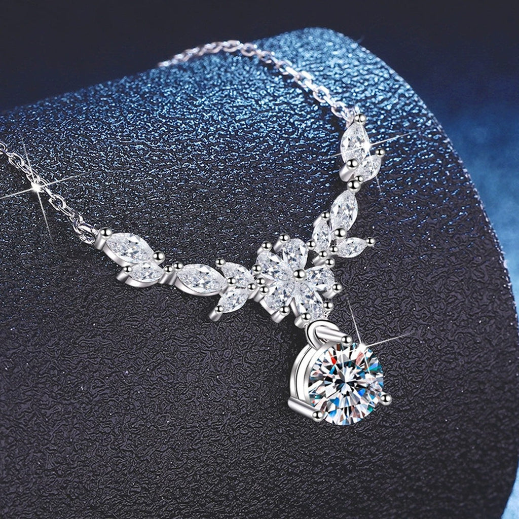 Leaf Drop Moissanite Pendant Necklace with Cubic Zirconia in Platinum-Plated S925 Sterling Silver close-up product detail view