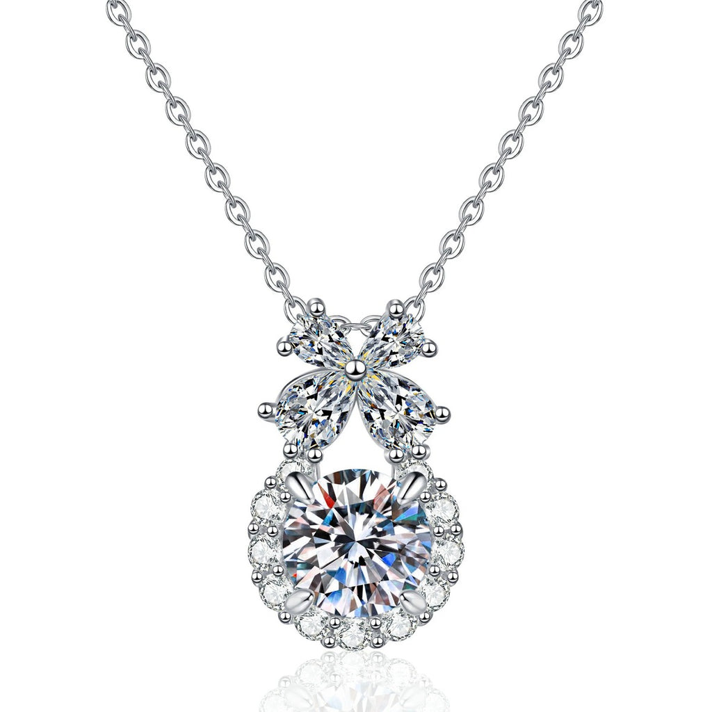 Bow Drop Moissanite Pendant Necklace with Cubic Zirconia in Platinum-Plated S925 Sterling Silver on clean white background showing the bow drop pendant with a round moissanite center