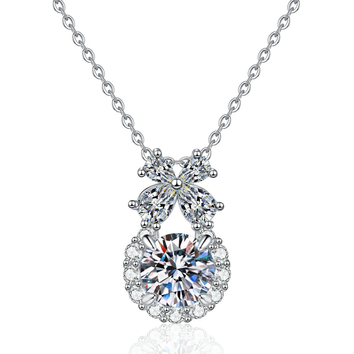 Bow Drop Moissanite Pendant Necklace with Cubic Zirconia in Platinum-Plated S925 Sterling Silver on clean white background showing the bow drop pendant with a round moissanite center