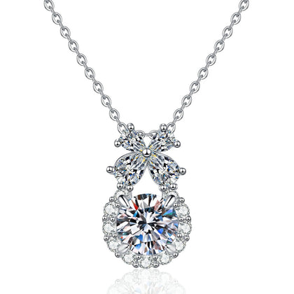 Bow Drop Moissanite Pendant Necklace with Cubic Zirconia in Platinum-Plated S925 Sterling Silver on clean white background showing the bow drop pendant with a round moissanite center