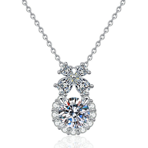 Bow Drop Moissanite Pendant Necklace with Cubic Zirconia in Platinum-Plated S925 Sterling Silver on clean white background showing the bow drop pendant with a round moissanite center