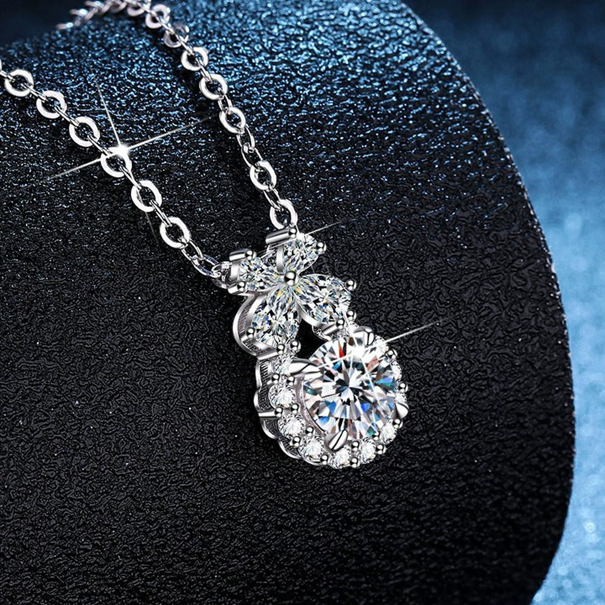 Bow Drop Moissanite Pendant Necklace with Cubic Zirconia in Platinum-Plated S925 Sterling Silver dark background product display view