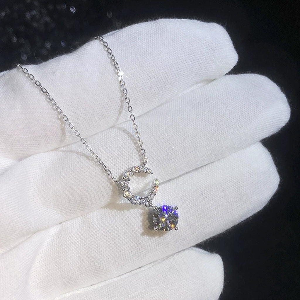 Crescent Moon Moissanite Pendant Necklace with Cubic Zirconia in Platinum-Plated S925 Sterling Silver dark background product display view