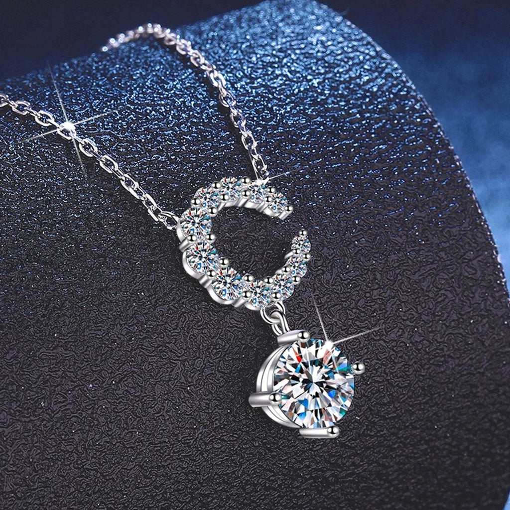 Crescent Moon Moissanite Pendant Necklace with Cubic Zirconia in Platinum-Plated S925 Sterling Silver close-up product detail view