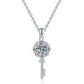 Key Moissanite Pendant Necklace with Cubic Zirconia in Platinum-Plated S925 Sterling Silver on clean white background showing the key-shaped pendant with a clover top and round moissanite center