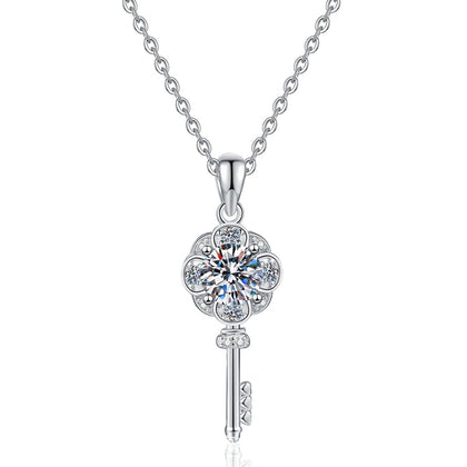 Key Moissanite Pendant Necklace with Cubic Zirconia in Platinum-Plated S925 Sterling Silver on clean white background showing the key-shaped pendant with a clover top and round moissanite center