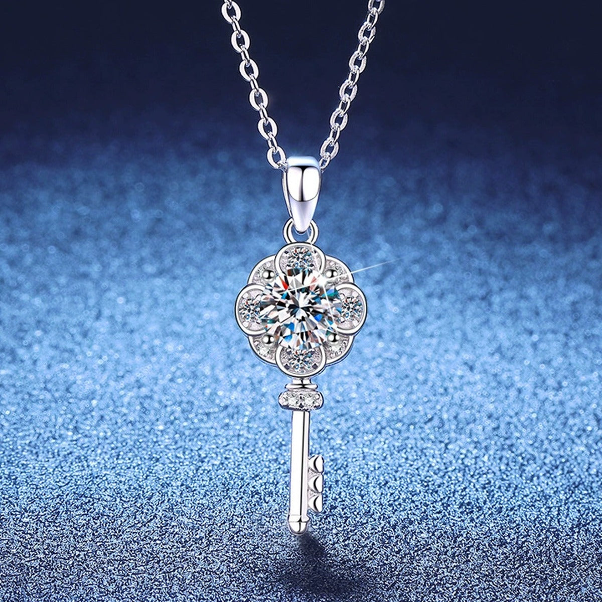 Key Moissanite Pendant Necklace with Cubic Zirconia in Platinum-Plated S925 Sterling Silver blue background product view