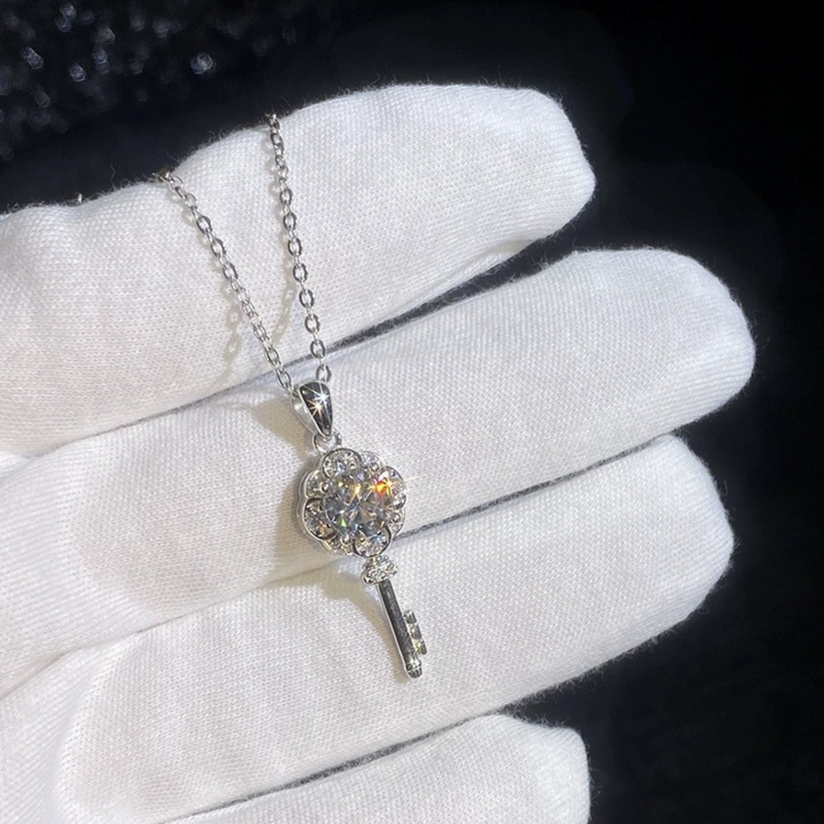 Key Moissanite Pendant Necklace with Cubic Zirconia in Platinum-Plated S925 Sterling Silver dark background product display view