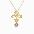 Fleur-de-Lis Moissanite Pendant Necklace with Cubic Zirconia in 18K Yellow Gold-Plated S925 Sterling Silver on clean white background showing the fleur-de-lis pendant with a dangling round moissanite
