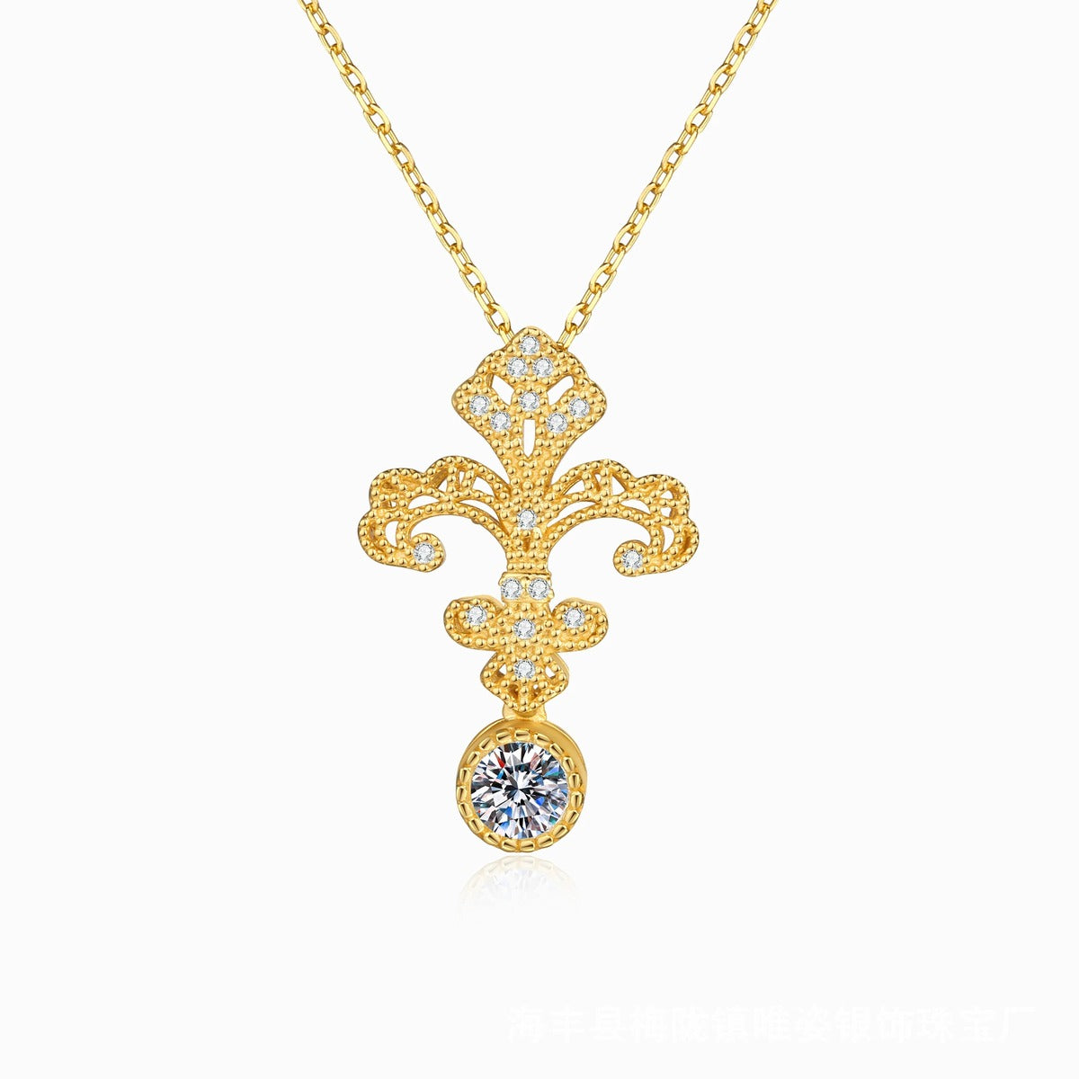 Fleur-de-Lis Moissanite Pendant Necklace with Cubic Zirconia in 18K Yellow Gold-Plated S925 Sterling Silver on clean white background showing the fleur-de-lis pendant with a dangling round moissanite