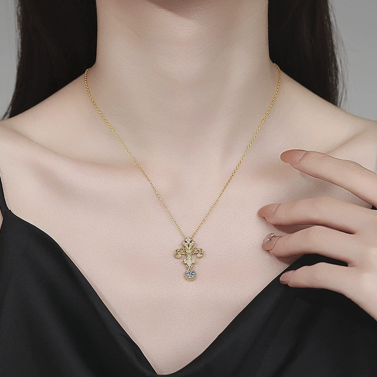 Fleur-de-Lis Moissanite Pendant Necklace with Cubic Zirconia in 18K Yellow Gold-Plated S925 Sterling Silver worn on neckline by model