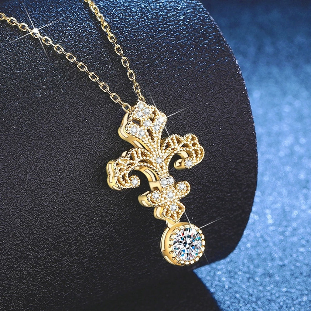 Fleur-de-Lis Moissanite Pendant Necklace with Cubic Zirconia in 18K Yellow Gold-Plated S925 Sterling Silver blue background product view